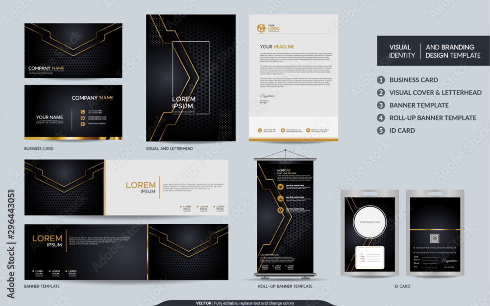 Luxury black gold stationery mock up set and visual brand identity with