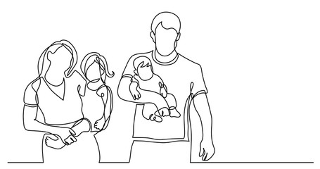 Canvas Print - continuous line drawing of family of four walking holding their children on hands