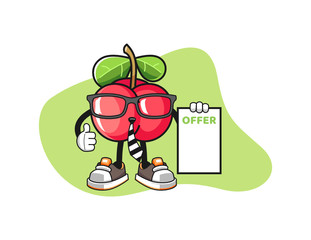 Acerola salesman mascot design vector. Cartoon character illustration for business, t shirt, sticker.