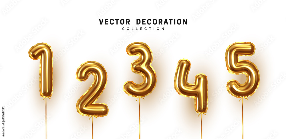 Golden Number Balloons. Foil and latex balloons. Helium ballons. Party, birthday, celebrate anniversary and wedding. Realistic design elements. Festive 3d render, set isolated. vector illustration - obrazy, fototapety, plakaty 