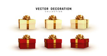 Set Of Gifts Box. Collection Realistic Gift Presents. Surprise Boxes. Celebration Decoration Objects. Isolated On White Background. Vector Illustration