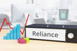 Reliance – Finance/Economy. Folder on desk with label beside diagrams. Business/statistics. 3d rendering