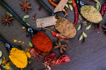 Set of Various spices decorated on spoon on a dark wooden table. Chilly pepper, rosemary, basil, turmeric, paprika, garlic, anise, cinnamon and other. Top view with copy space.