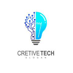 Bulb logo with line technology, Light bulb idea icon with circuit board inside. Business idea concept. Lamp formed by chip connectors.