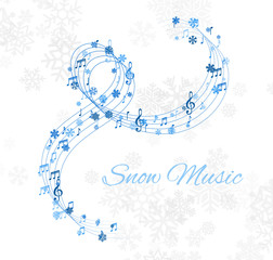 Wall Mural - Christmas design element from flying lines, music notes and snowflakes. Winter holiday decoration on the light background from snow.