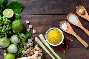 ingredient for thai food green curry chicken, Green curry pork or shrimp, Top view on Wooden background, popula thai food.