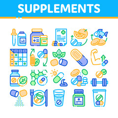 Wall Mural - Supplements Collection Elements Icons Set Vector Thin Line. Pills And Drugs, Plastic Container With Dropper Bio Healthcare Supplements Concept Linear Pictograms. Monochrome Contour Illustrations