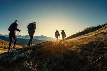 group of hikers walks in mountains at sunset