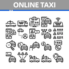 Poster - Online Taxi Collection Elements Icons Set Vector Thin Line. Taxi Truck And Car, Mobile Application, Web Site And Human Silhouette Concept Linear Pictograms. Monochrome Contour Illustrations
