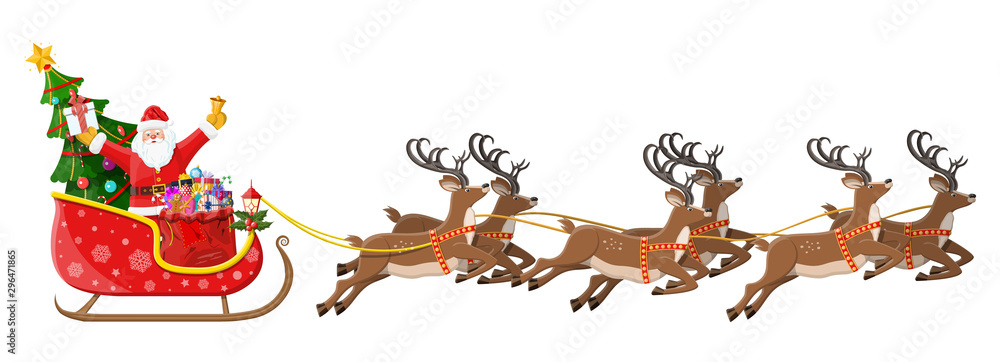 Santa claus on sleigh full of gifts, christmas tree and his reindeers. Happy new year decoration. Merry christmas holiday. New year and xmas celebration. Vector illustration in flat style - obrazy, fototapety, plakaty 
