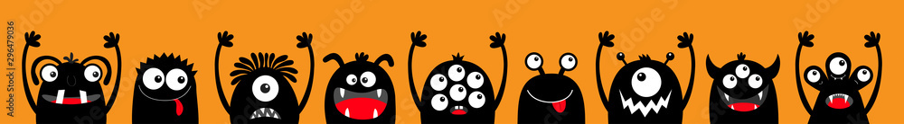 Happy Halloween. Monster black silhouette head face icon set line. Eyes, tongue, tooth fang, hands up. Cute cartoon kawaii scary funny baby character. Orange background. Flat design. - obrazy, fototapety, plakaty 