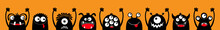 Happy Halloween. Monster Black Silhouette Head Face Icon Set Line. Eyes, Tongue, Tooth Fang, Hands Up. Cute Cartoon Kawaii Scary Funny Baby Character. Orange Background. Flat Design.