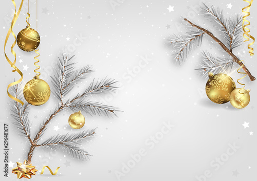 Christmas Background with Wintry Coniferous Branches and Golden Christmas Bal...
