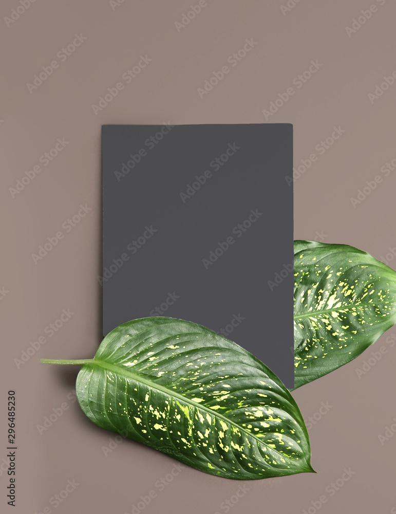 Fresh tropical leaves and blank card on grey background