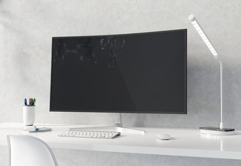 Wall Mural - curved monitor on white desktop and concrete interior mockup 3d rendering