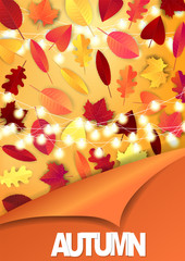 autumn design poster or flyer. orange and red falling leaves, glowing lights garland and peeling off