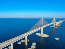 Aerial View Of Sunshine Skyway, Tampa Bay Florida, USA. Big Steel Cable Suspension Bridge.