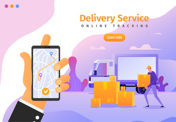 Online delivery services app with gps tracking web banner, poster, flyer template. Vector illustration of cargo shipping for ui, ux or landing page