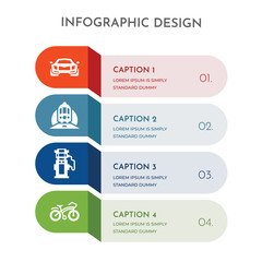 4 colorful filled icons set such as vintage bicycle, fuel dispenser, train in a tunnel, sports car