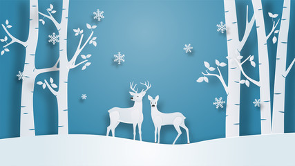 Winter landscape with deer couple and tree on winter field in paper cut style. Vector illustration design for backdrop, wallpaper, poster, greeting card.