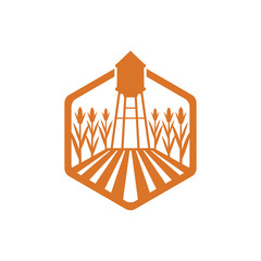 Wall Mural - agriculture corn field farm industry vector logo design with water tower in the middle of the field