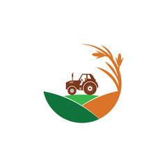 Wall Mural - agriculture corn field farm industry vector logo design with tractor in the middle of the hill
