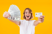 Image Of Content Blond Woman Holding Money Cash And Credit Card