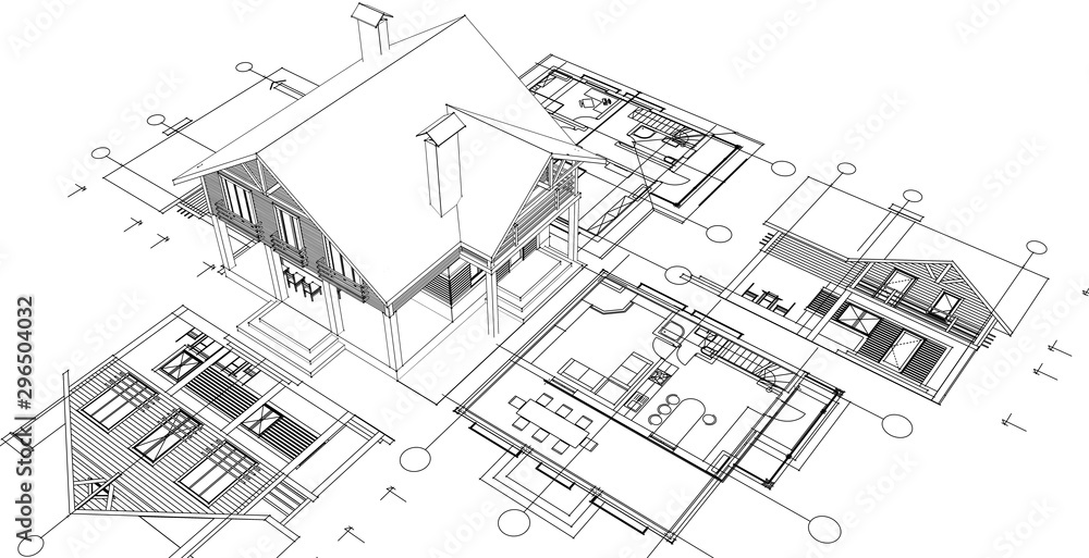 house architectural project sketch 3d illustration - obrazy, fototapety, plakaty 