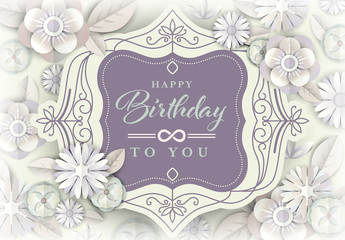 Wall Mural - White floral greeting card, Birthday card with vintage frame and flowers in background.
