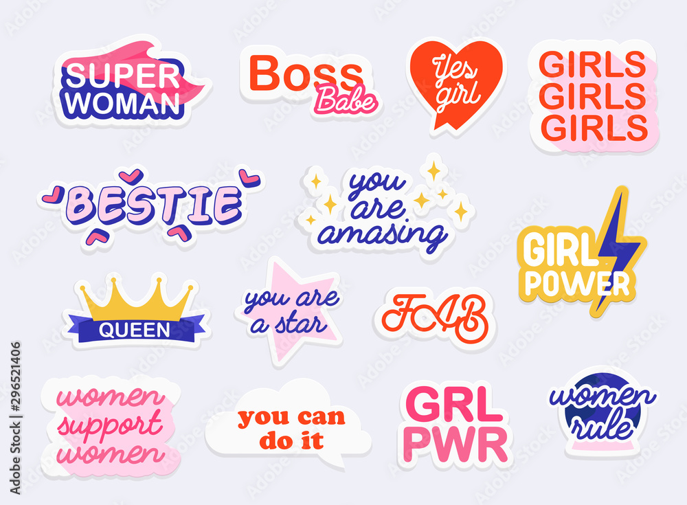 Collection of stickers with woman slogans. Feminism. Girl power. - obrazy, fototapety, plakaty 