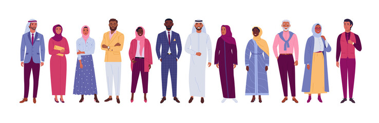 Wall Mural - muslim people collection. vector illustration of diverse cartoon islam people in office and casual o