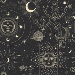 Vector illustration set of moon phases. Different stages of moonlight activity in vintage engraving style. Zodiac Signs