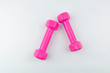 © hilalabdullah - Two pink dumbbells isolated on white background.