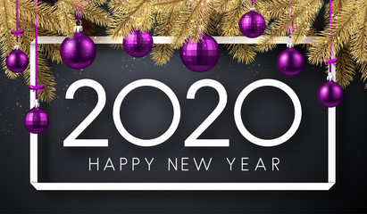 Happy New Year 2020 card with fir branches and purple Christmas balls.