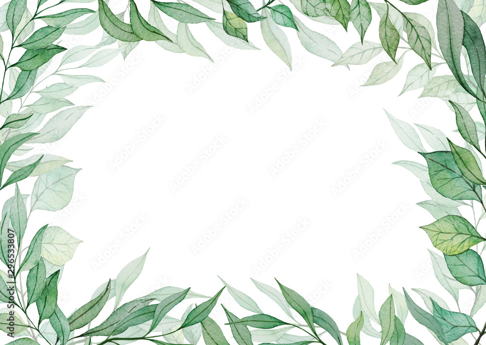 Card template with hand drawn watercolor green leaves Stock ...