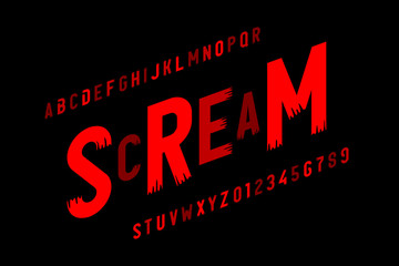 Scream font in Halloween style, alphabet letters and numbers