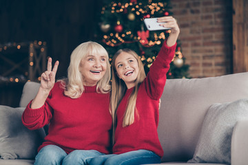 Close-up portrait of nice attractive cheerful cheery glad granny small little pre-teen long-haired schoolgirl taking making selfie showing v-sign at decorated industrial loft style interior house