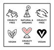 Set of 6 icons-badges: Vegan, Cruelty Free, Organic and Natural.