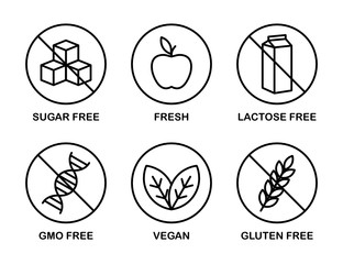 Set of icons: Sugar Free, Gluten Free, Vegan, Lactose Free, GMO Free, Fresh.