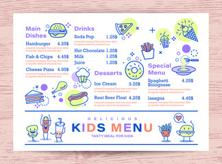 Wall Mural - Cute colorful kids meal menu place mat design template. outline food icons on white background.