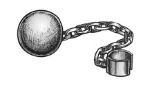 Ball And Chain Prisoner Accessory Retro Vector. Convict Legcuff Linked Ball. Prison Heavy Metallic Equipment Engraving Concept Template Hand Drawn In Vintage Style Color Illustration