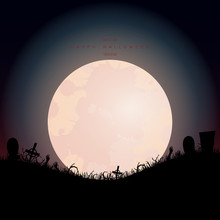 Halloween Background. Invitation For Party. Mix Of Various Spooky Creatures, Moon. Halloween Night Vector Illustration. Halloween Background With Scary Graveyard