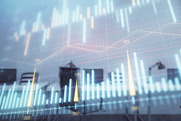 Stock and bond market graph with trading desk bank office interior on background. Multi exposure. Concept of financial analysis