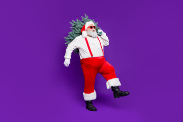 Wall Mural - Full length photo of funny fat santa father holding x-mas tree on shoulder walking to party stylish look wear sun specs red white costume isolated purple background