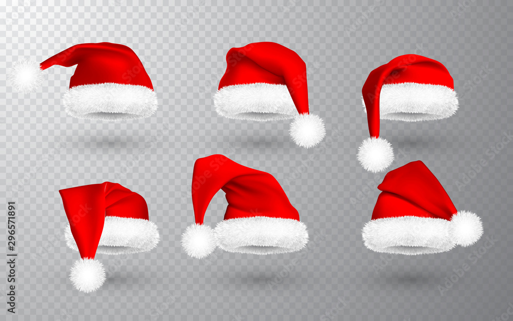 Red Santa Claus hat isolated on transparent background. Gradient mesh Santa Claus cap with fur. Vector illustration - obrazy, fototapety, plakaty 