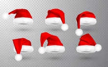 Red Santa Claus Hat Isolated On Transparent Background. Gradient Mesh Santa Claus Cap With Fur. Vector Illustration