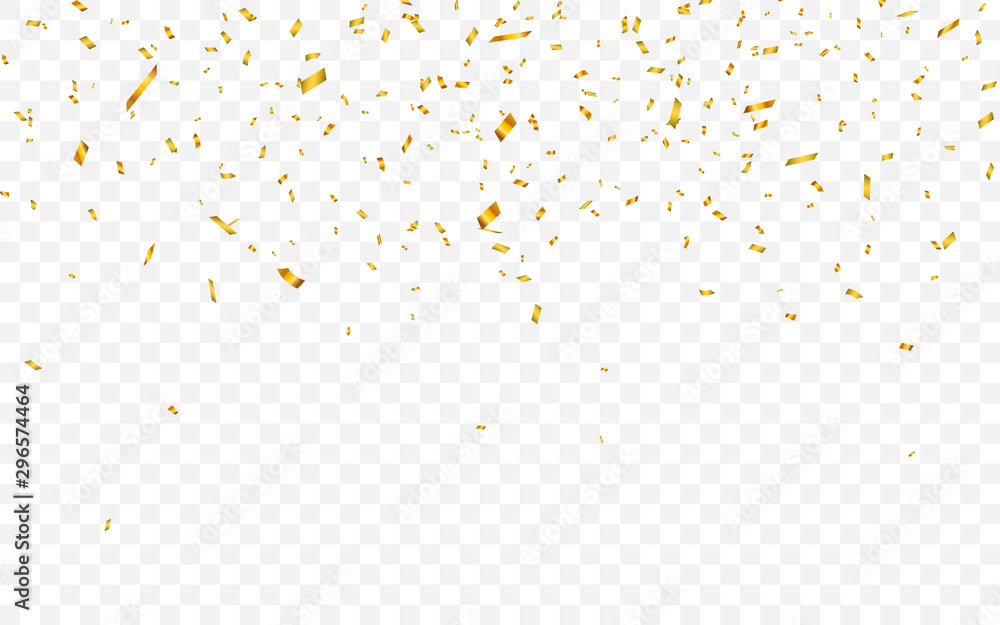 Gold confetti. Celebration carnival falling shiny glitter confetti in gold color. Luxury greeting card. Vector illustration - obrazy, fototapety, plakaty 