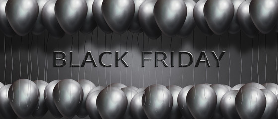 Black friday sale promo banner with color shiny balloons. Black Friday Sale fashion background. 3d illustration.