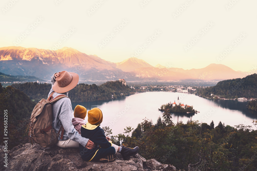 Journey Slovenia with kids. Family travel Europe. View on Bled Lake - obrazy, fototapety, plakaty 