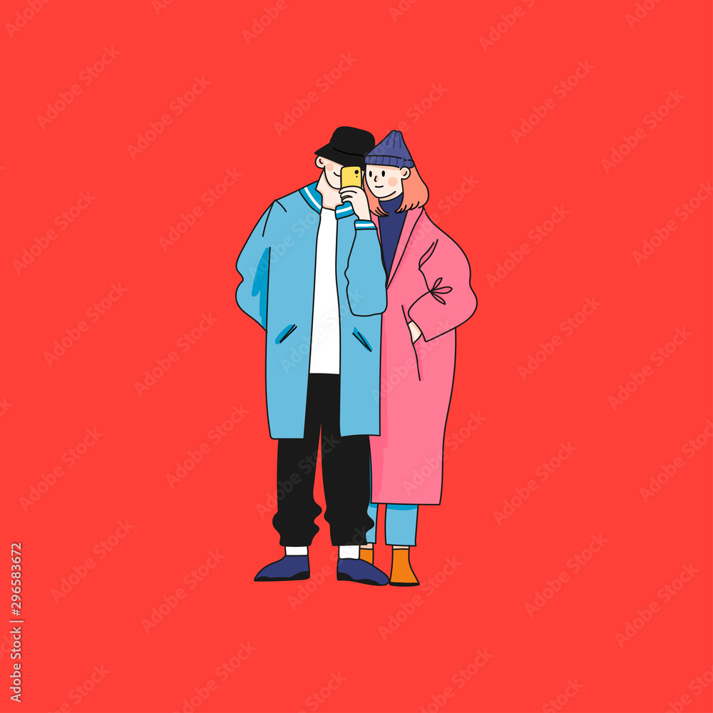 Street fashion look. Couple in love dressed in stylish trendy oversized  clothes. Boy and girl. Korean japanese asian. Comic cartoon style. Manga  anime. Hand drawn vector illustration. Flat design Stock Vector |, image size:1000x1000